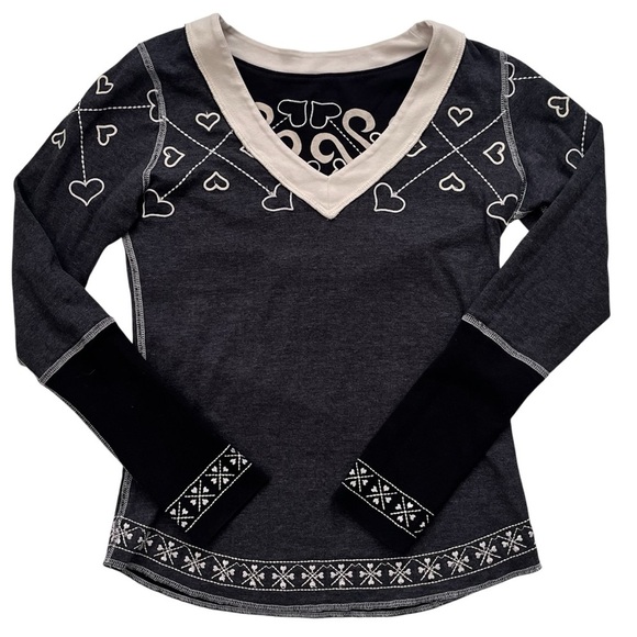 Alp-n-Rock Snowflake V Neck Long Sleeve Top Black Reversible Hearts Size XS/S - Picture 8 of 9